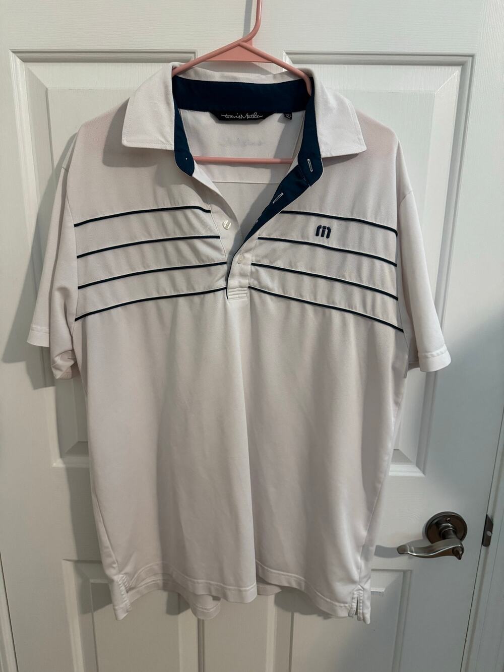 Travis Mathew Performance Golf Stripe Polo White Teal Blue Embroidered Logo XL